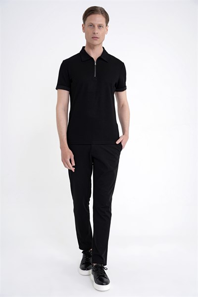 Slim Fit Esnek Pamuklu Fermuarlı Siyah Polo Yaka Tişört TS 926