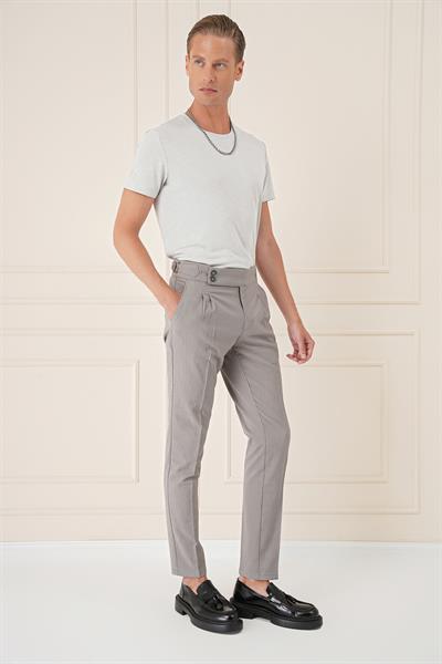 Yandan Tokalı Çift Pileli Esnek Pamuk Gri Pantolon P 1160