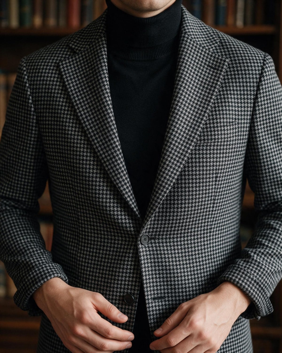 Siyah-beyaz kazayağı desenli blazer ceket ve siyah balıkçı yaka kazak kombini - EFOR