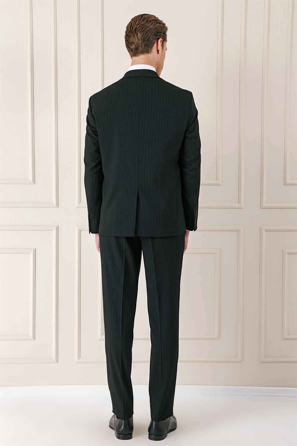 095 Slim Fit İtalyan Çizgili Esnek Klasik Siyah Takım Elbise