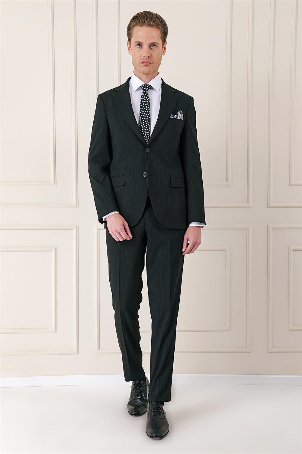 095 Slim Fit İtalyan Çizgili Esnek Klasik Siyah Takım Elbise