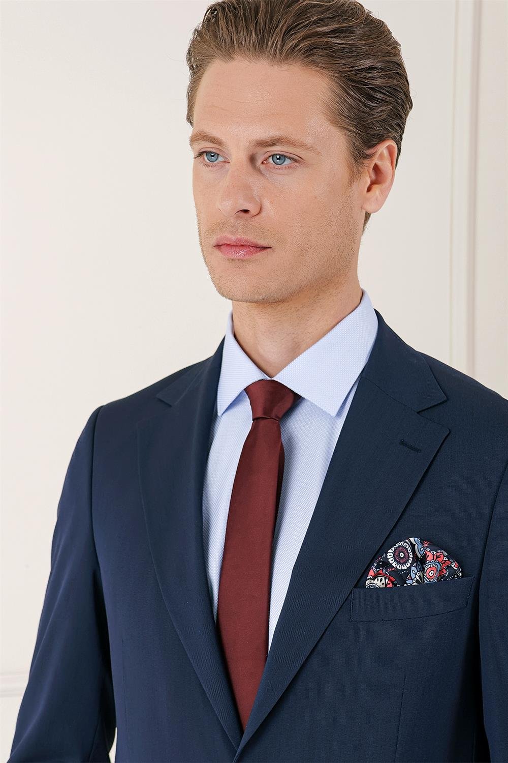 096 Slim Fit %100 Yün Düz Klasik Lacivert Takım Elbise