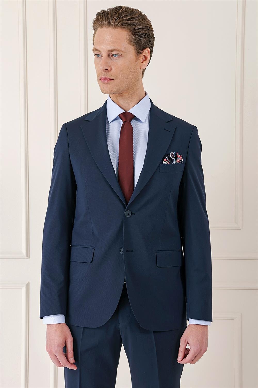 096 Slim Fit %100 Yün Düz Klasik Lacivert Takım Elbise