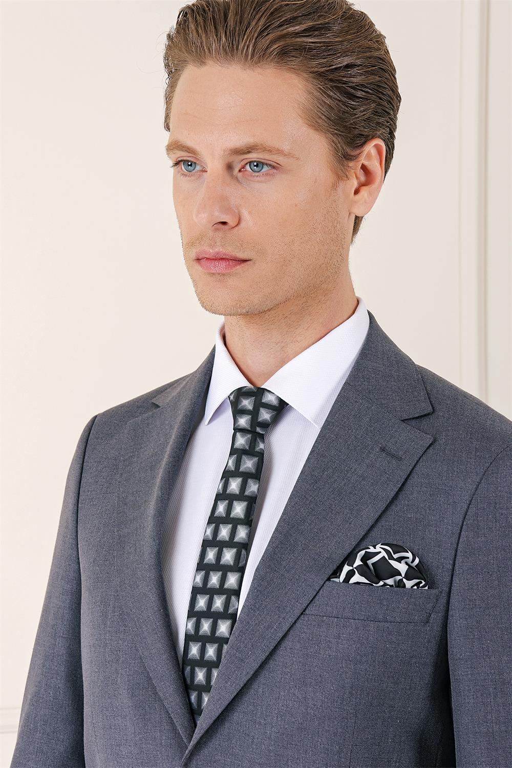 098 Slim Fit Yünlü Düz Klasik Füme Takım Elbise