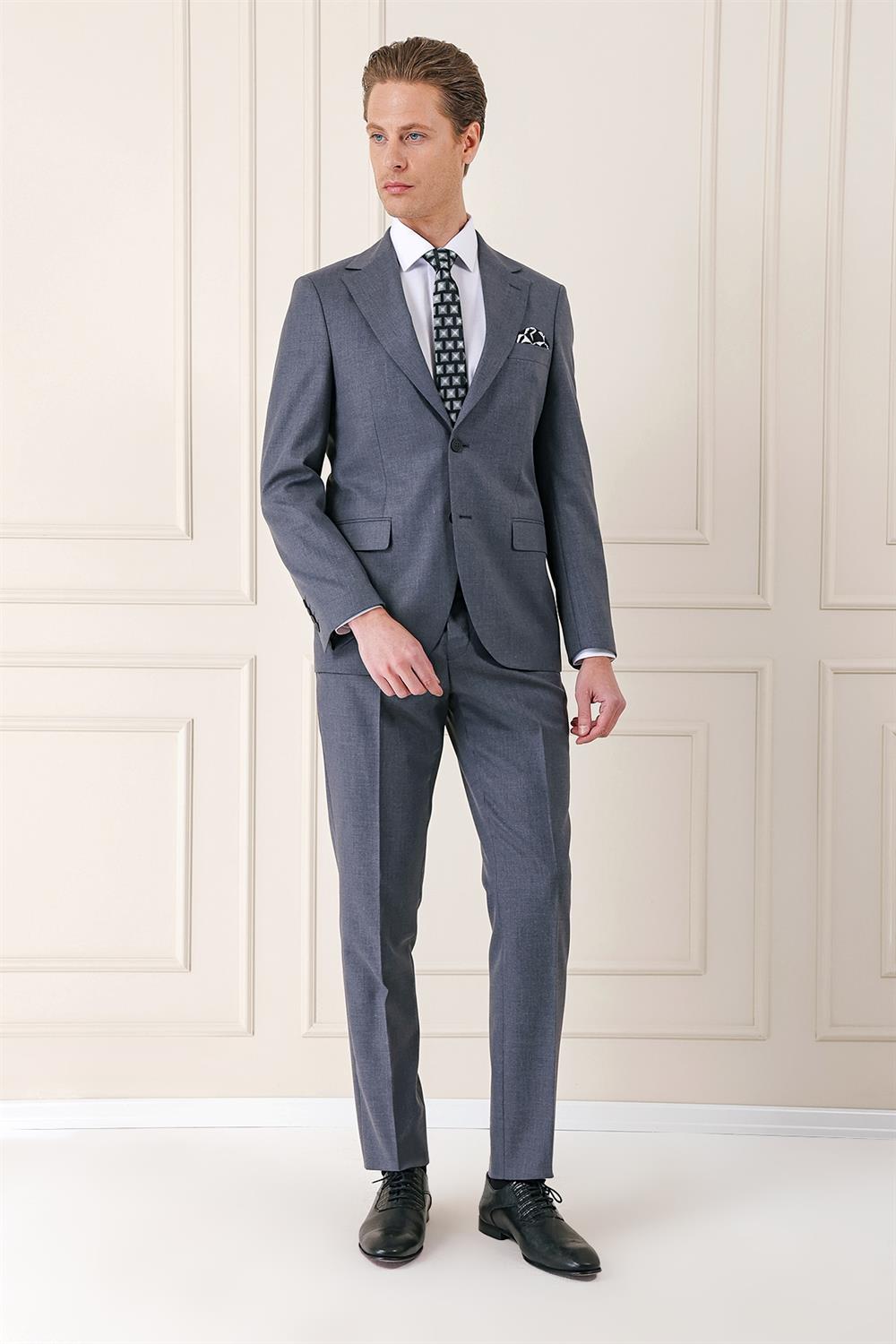 098 Slim Fit Yünlü Düz Klasik Füme Takım Elbise