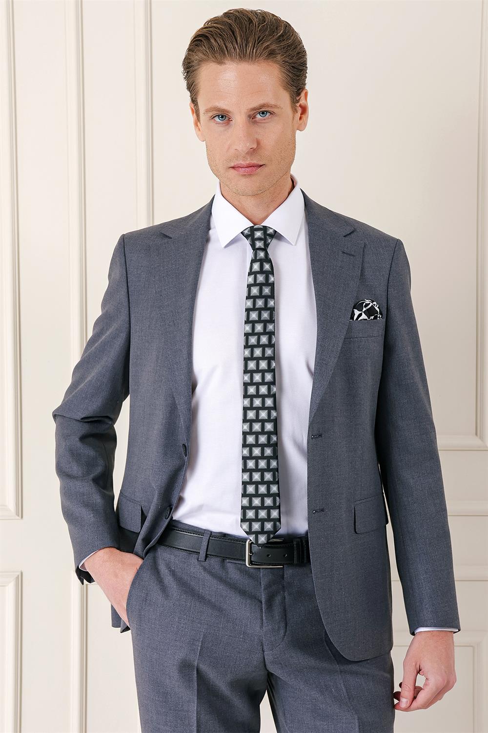 098 Slim Fit Yünlü Düz Klasik Füme Takım Elbise