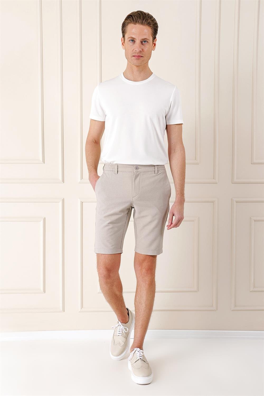 Bermuda 034 Slim Fit Beli Lastikli Gofre Pamuklu Casuel Taş Şort