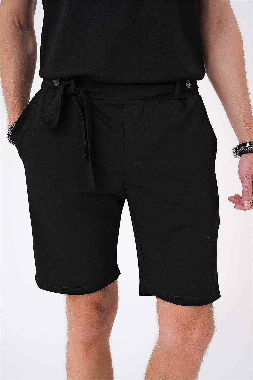 Bermuda 035 Comfort Fit Bağcıklı Bel Viskon Karışımlı Casuel Siyah Şort