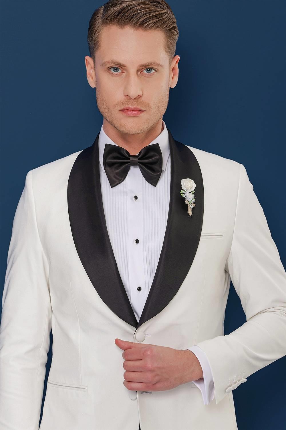 Black 033 Slim Fit Fleto Cepli Saten Yaka Çift Yırtmaçlı Beyaz Damatlık Smokin Ceket