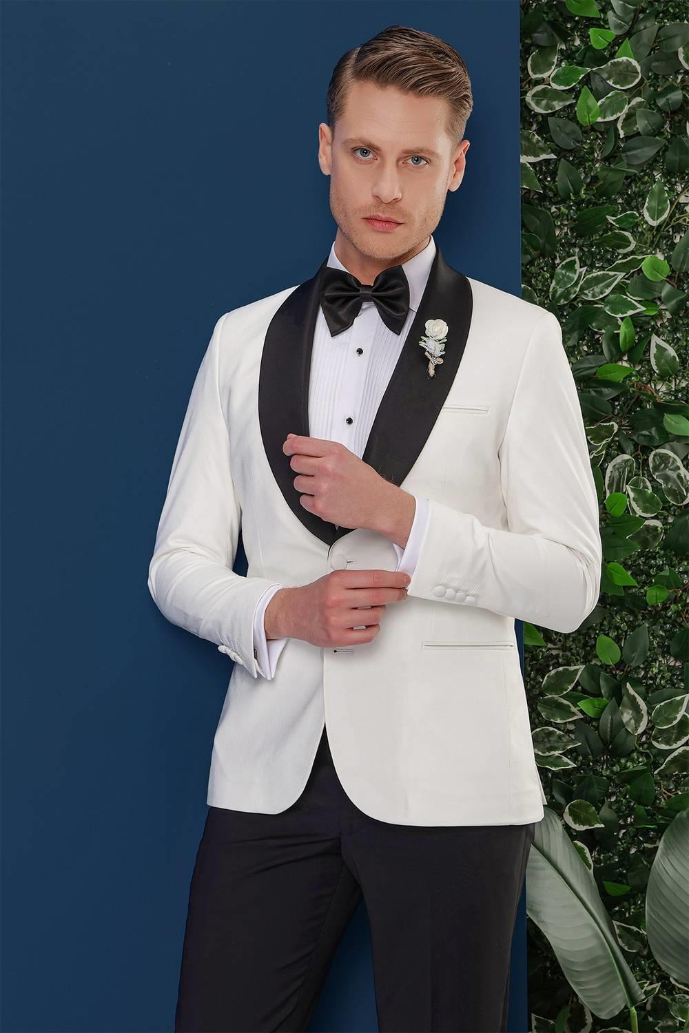 Black 033 Slim Fit Fleto Cepli Saten Yaka Çift Yırtmaçlı Beyaz Damatlık Smokin Ceket