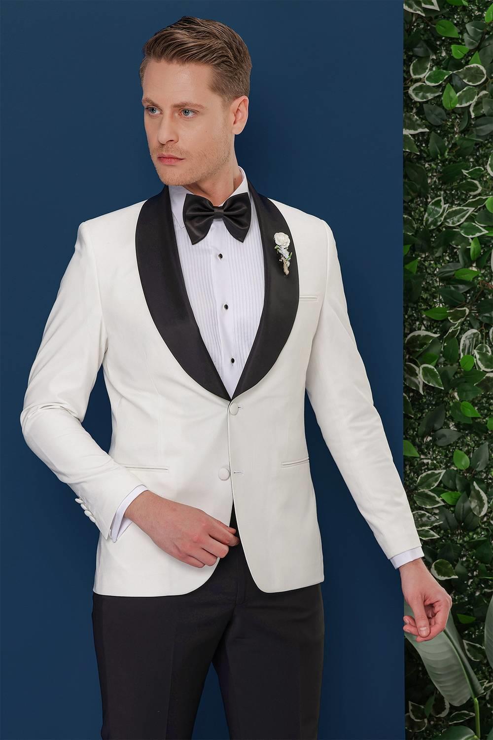 Black 033 Slim Fit Fleto Cepli Saten Yaka Çift Yırtmaçlı Beyaz Damatlık Smokin Ceket