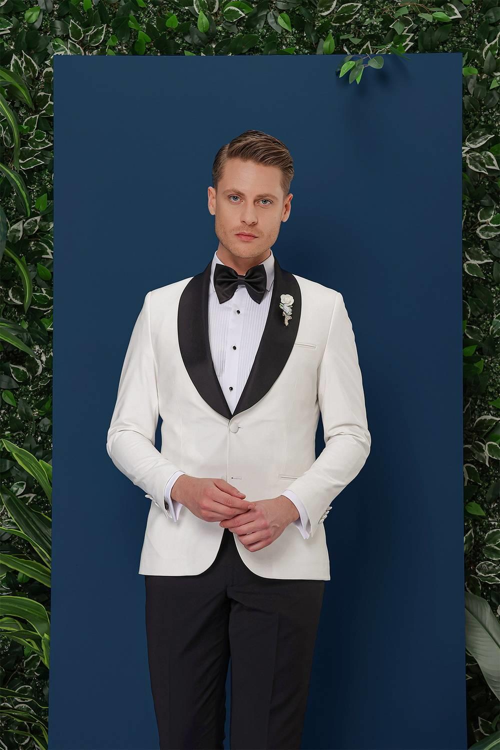 Black 033 Slim Fit Fleto Cepli Saten Yaka Çift Yırtmaçlı Beyaz Damatlık Smokin Ceket