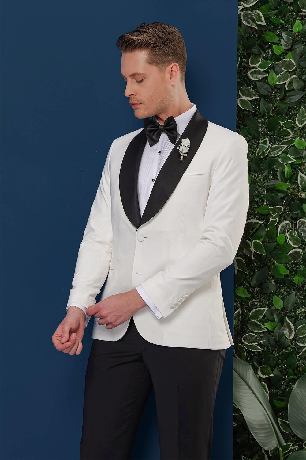 Black 033 Slim Fit Fleto Cepli Saten Yaka Çift Yırtmaçlı Beyaz Damatlık Smokin Ceket