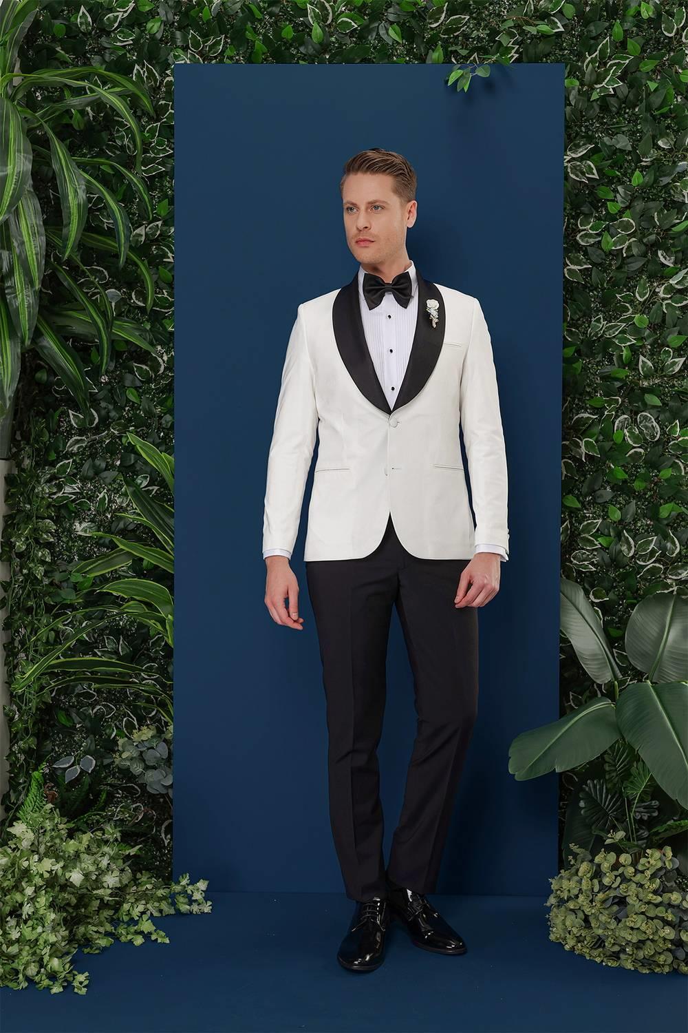 Black 033 Slim Fit Fleto Cepli Saten Yaka Çift Yırtmaçlı Beyaz Damatlık Smokin Ceket