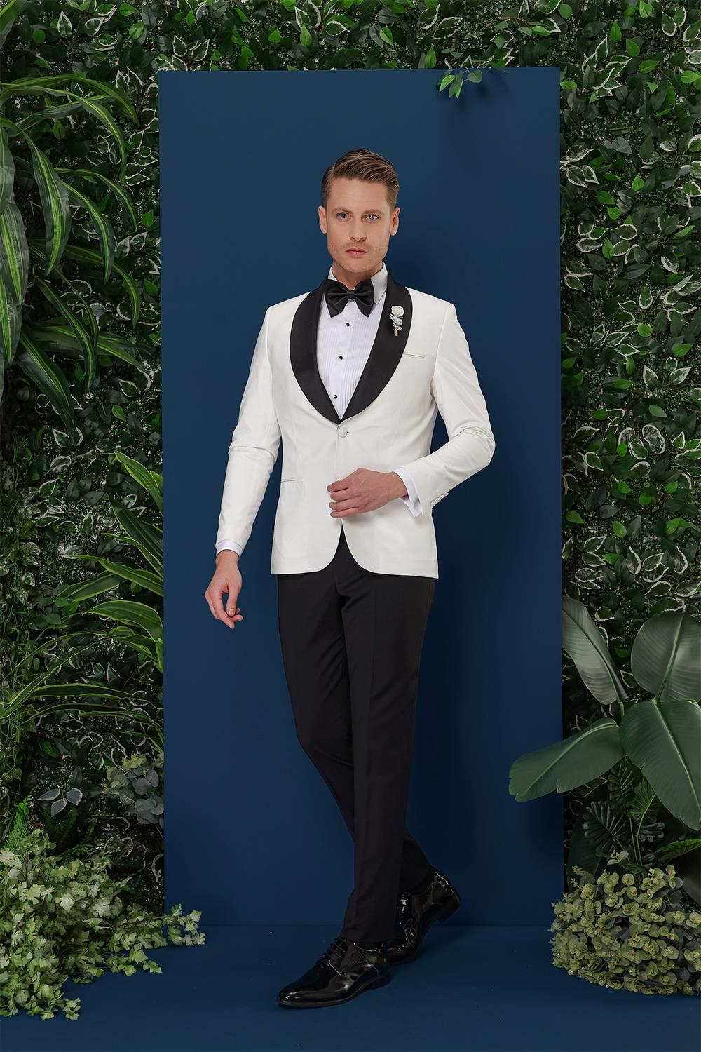Black 033 Slim Fit Fleto Cepli Saten Yaka Çift Yırtmaçlı Beyaz Damatlık Smokin Ceket