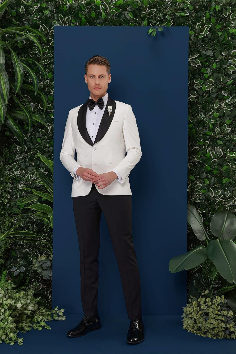 Black 033 Slim Fit Fleto Cepli Saten Yaka Çift Yırtmaçlı Beyaz Damatlık Smokin Ceket
