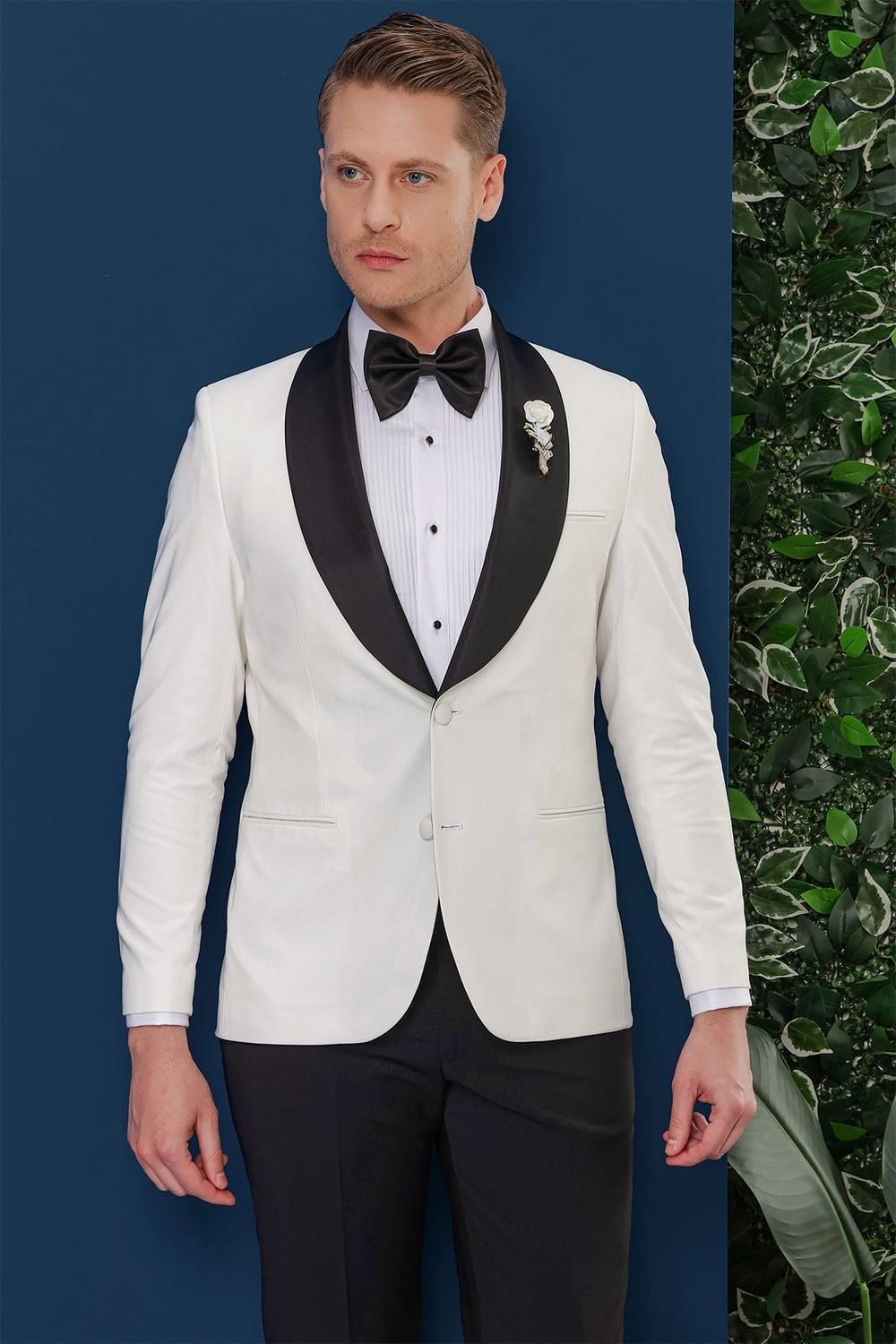 Black 033 Slim Fit Fleto Cepli Saten Yaka Çift Yırtmaçlı Beyaz Damatlık Smokin Ceket
