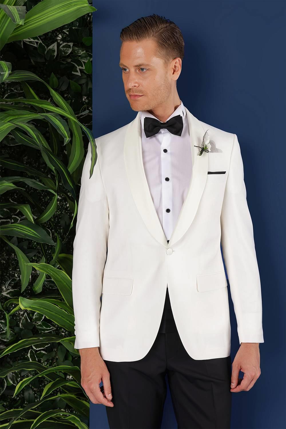 Black 034 Slim Fit Saten Yaka Çift Yırtmaçlı Damatlık Ekru Smokin Ceket