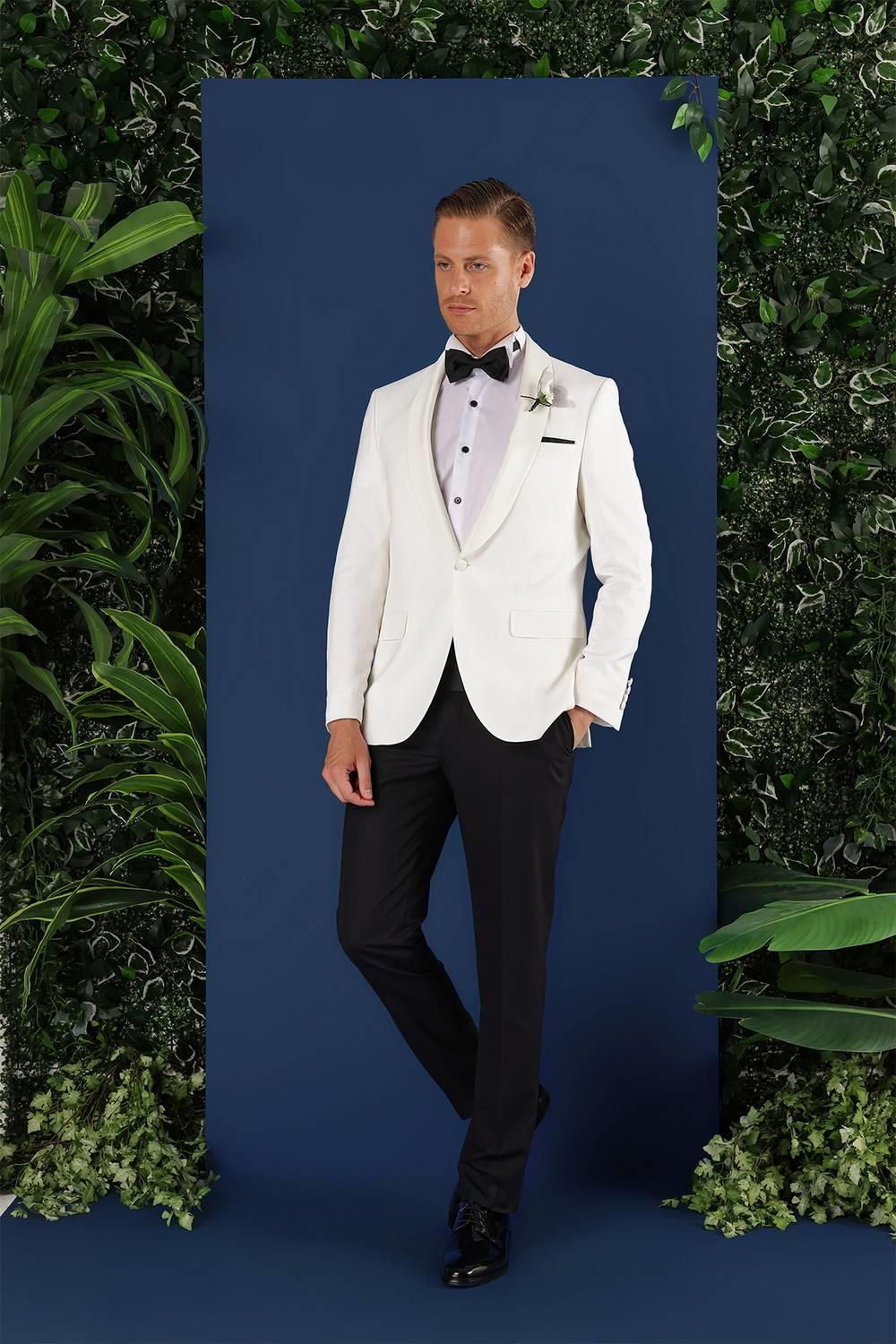 Black 034 Slim Fit Saten Yaka Çift Yırtmaçlı Damatlık Ekru Smokin Ceket