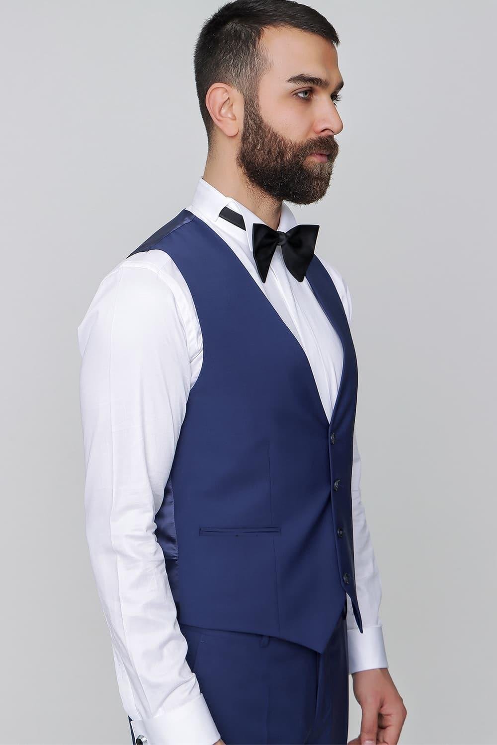 Black 034 Slim Fit Yelekli Çıkma Saten Yaka Parlement Damatlık Smokin Takım