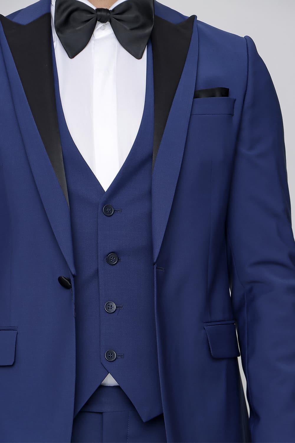 Black 034 Slim Fit Yelekli Çıkma Saten Yaka Parlement Damatlık Smokin Takım