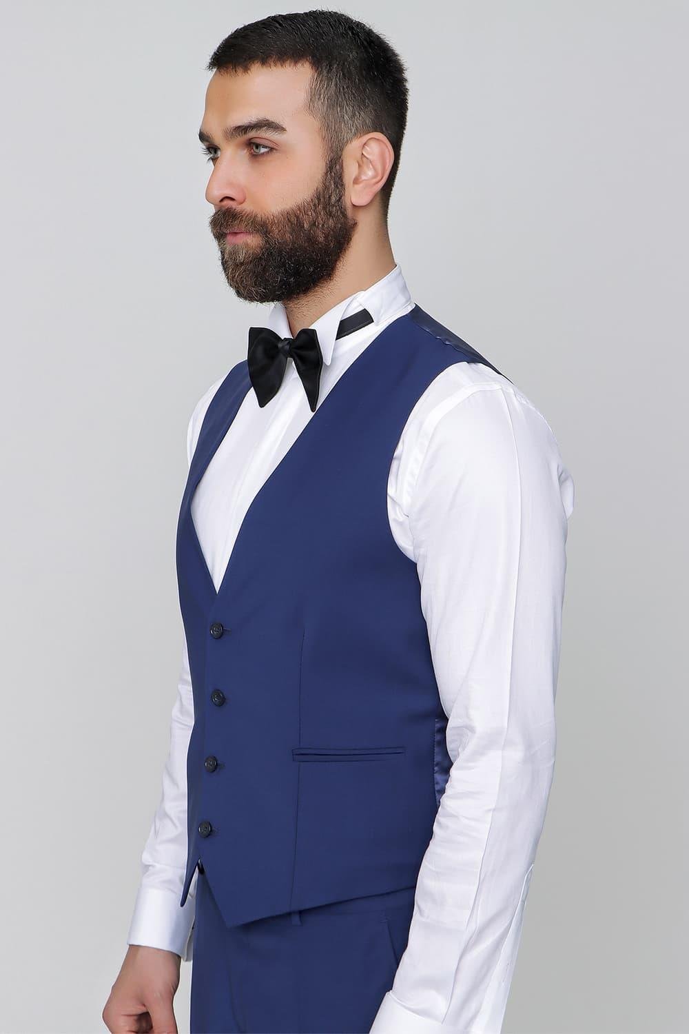 Black 034 Slim Fit Yelekli Çıkma Saten Yaka Parlement Damatlık Smokin Takım