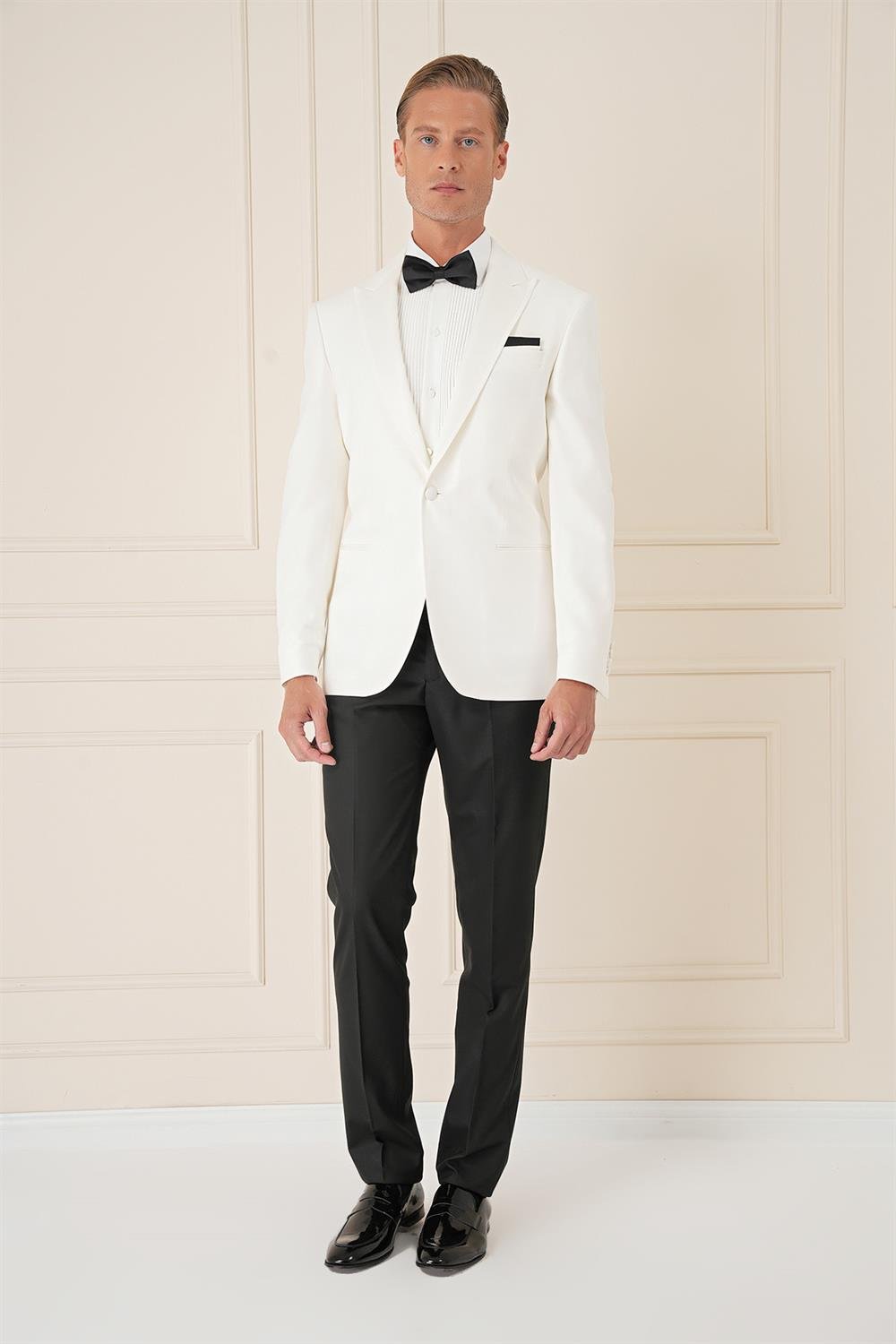 Black 035 Slim Fit Saten Yaka Çift Yırtmaçlı Tek Düğmeli Krem Damatlık Smokin Ceket