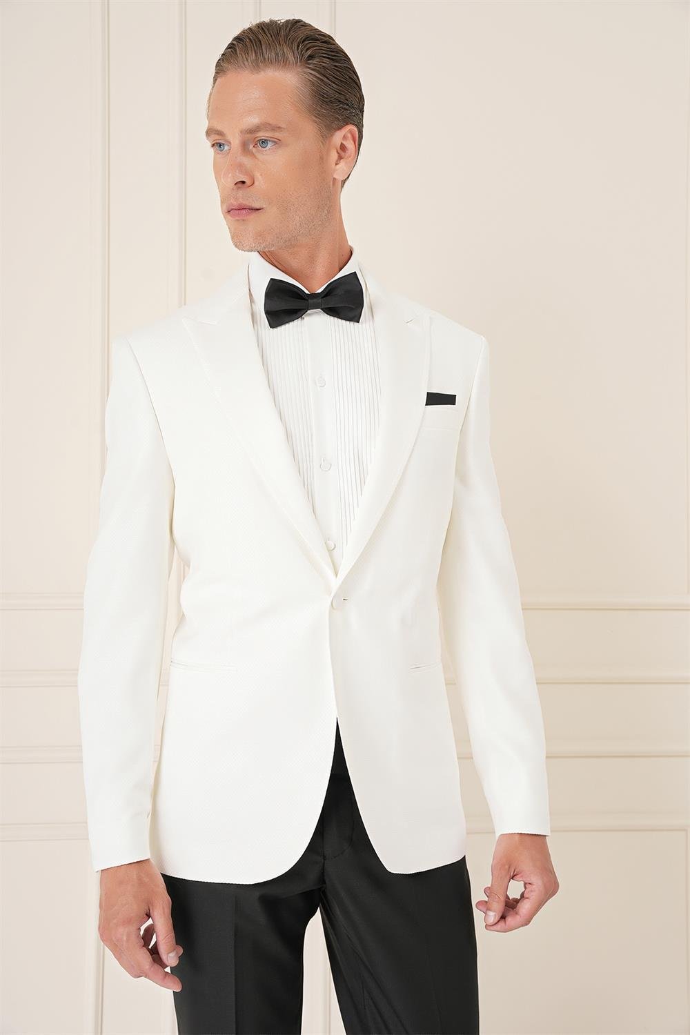 Black 035 Slim Fit Saten Yaka Çift Yırtmaçlı Tek Düğmeli Krem Damatlık Smokin Ceket