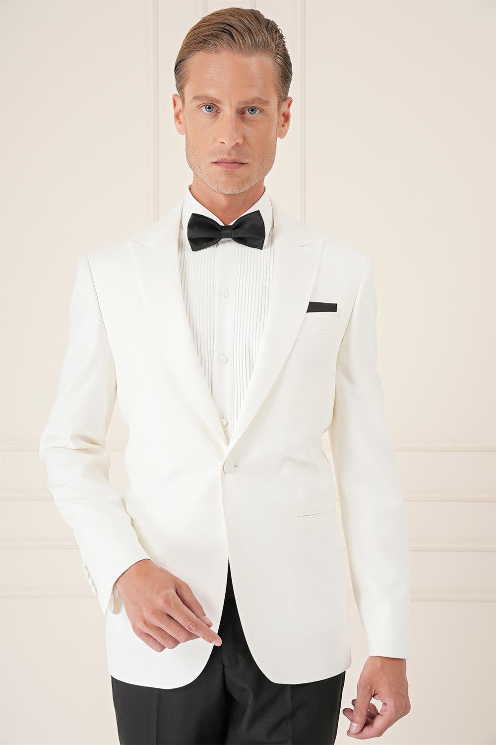 Black 035 Slim Fit Saten Yaka Çift Yırtmaçlı Tek Düğmeli Krem Damatlık Smokin Ceket