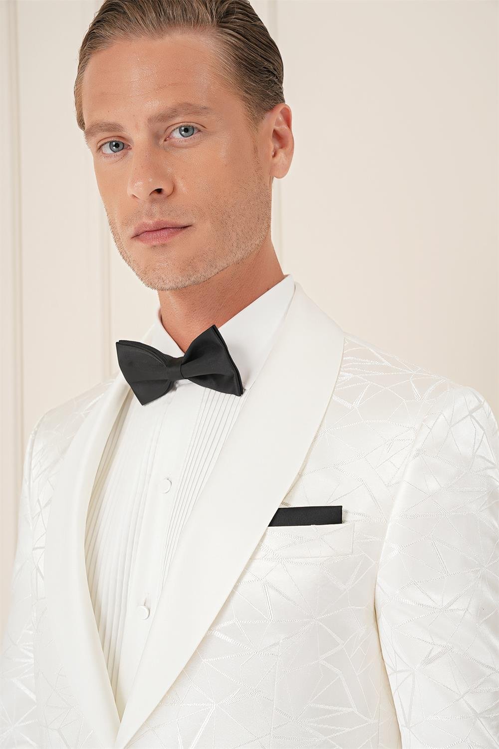 Black 036 Slim Fit Saten Yaka Çift Yırtmaçlı Tek Düğmeli Krem Damatlık Smokin Ceket