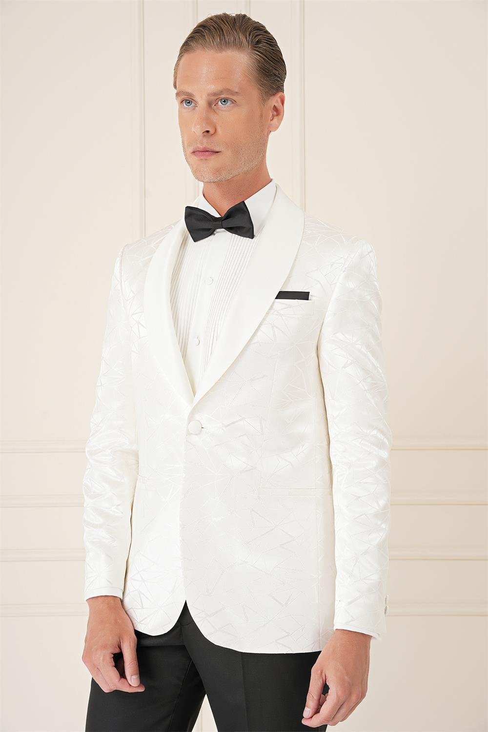 Black 036 Slim Fit Saten Yaka Çift Yırtmaçlı Tek Düğmeli Krem Damatlık Smokin Ceket