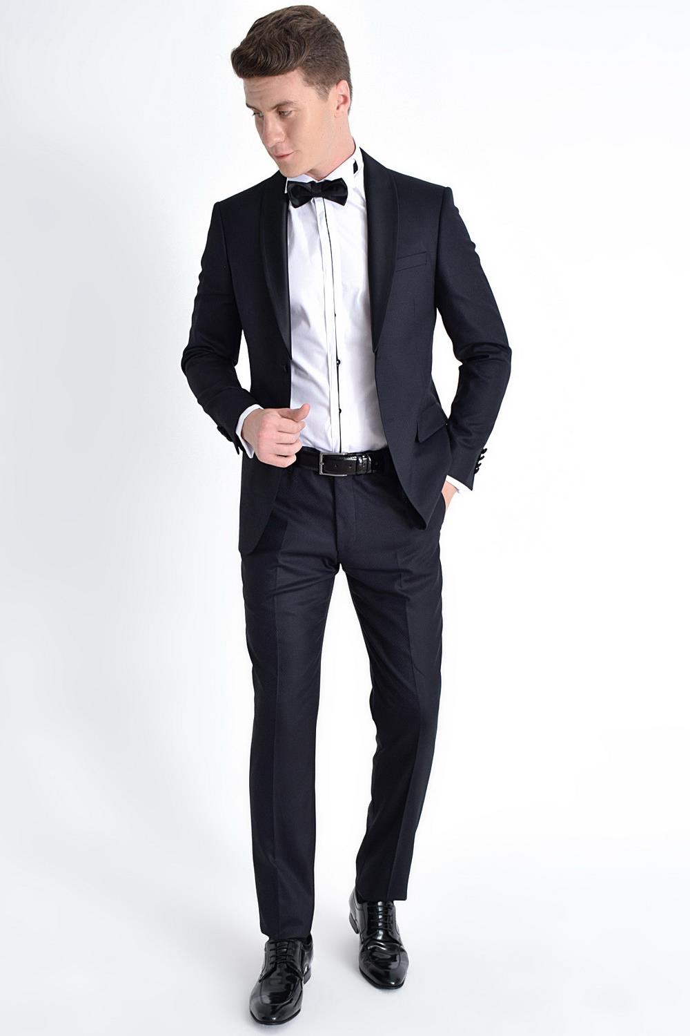 Black 052 Slim Fit Çıkma Saten Yaka Lacivert Damatlık Smokin Takım