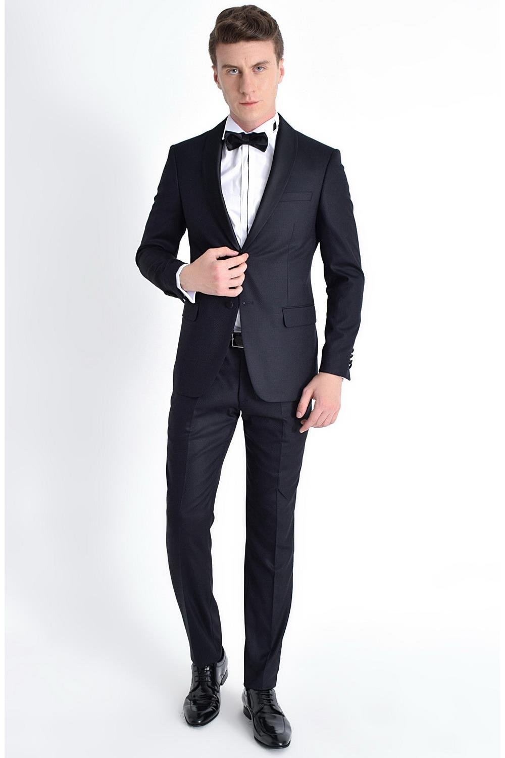Black 052 Slim Fit Çıkma Saten Yaka Lacivert Damatlık Smokin Takım