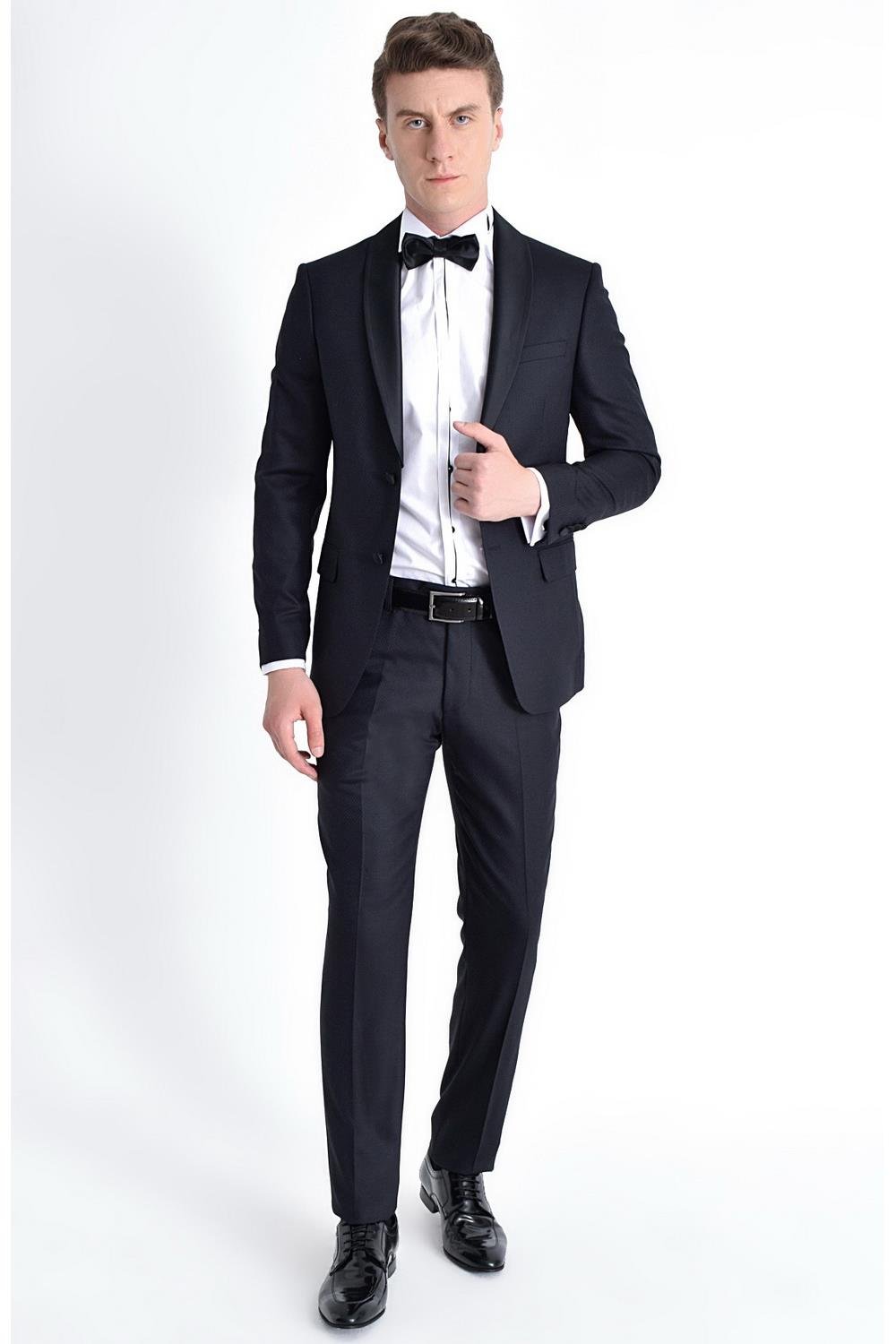 Black 052 Slim Fit Çıkma Saten Yaka Lacivert Damatlık Smokin Takım
