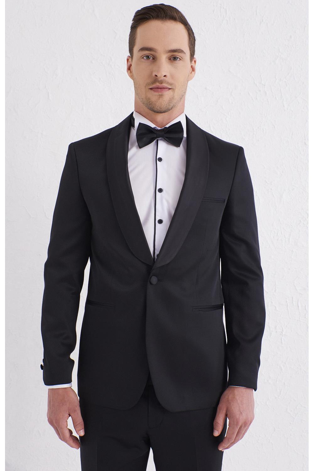 Black 056 Slim Fit Çıkma Saten Yaka Siyah Damatlık Smokin Takım