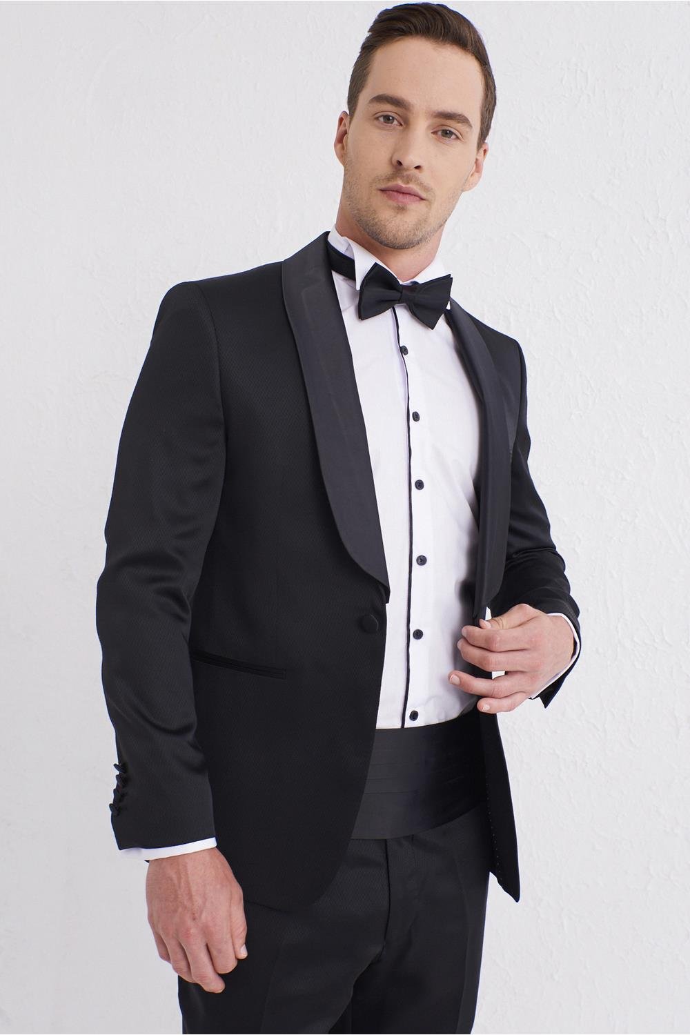Black 056 Slim Fit Çıkma Saten Yaka Siyah Damatlık Smokin Takım