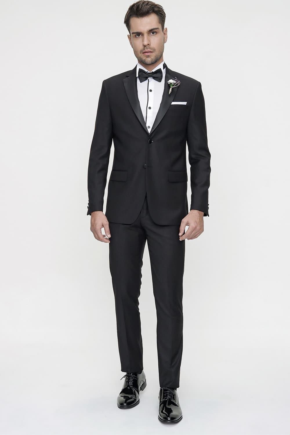 Black 059 Slim Fit Çıkma Saten Yaka Siyah Damatlık Smokin Takım