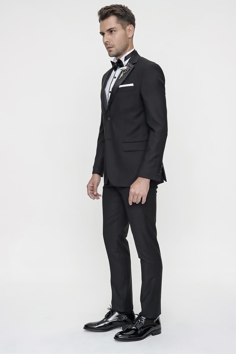 Black 059 Slim Fit Çıkma Saten Yaka Siyah Damatlık Smokin Takım