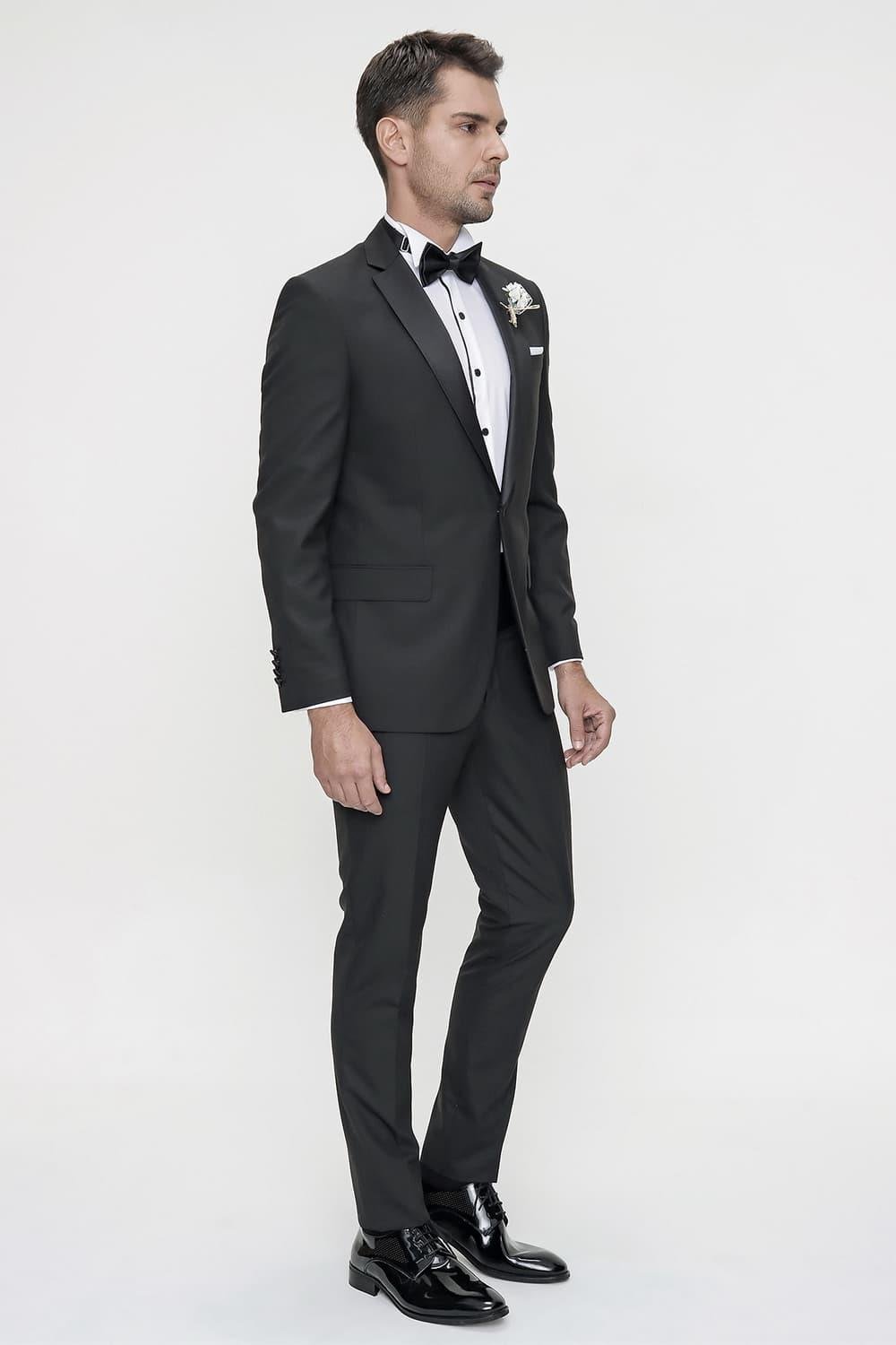 Black 060 Slim Fit Çıkma Saten Yaka Siyah Damatlık Smokin Takım
