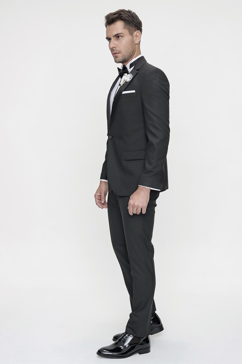 Black 060 Slim Fit Çıkma Saten Yaka Siyah Damatlık Smokin Takım
