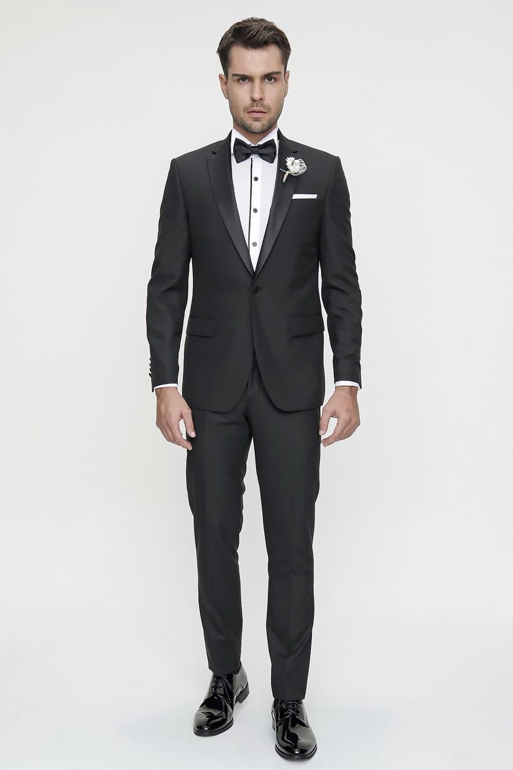 Black 060 Slim Fit Çıkma Saten Yaka Siyah Damatlık Smokin Takım