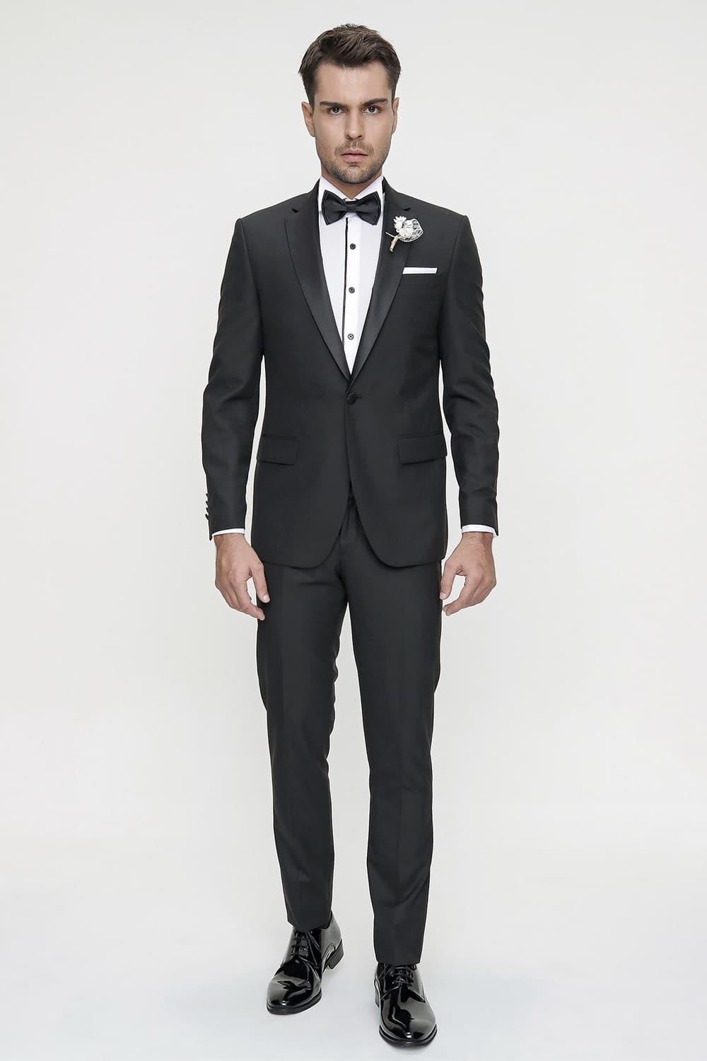 Black 060 Slim Fit Çıkma Saten Yaka Siyah Damatlık Smokin Takım