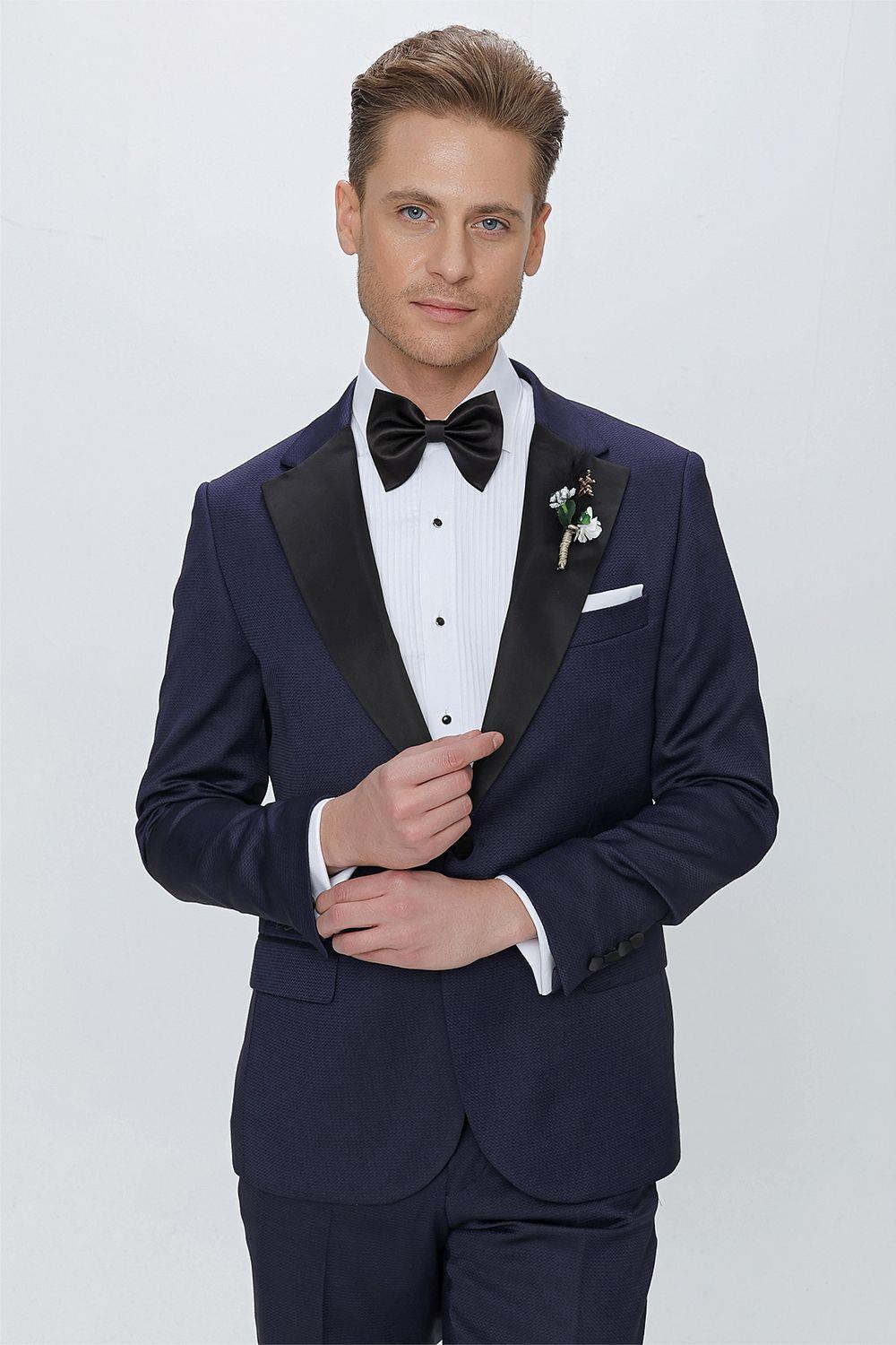 Black 062 Slim Fit Çıkma Saten Yaka Lacivert Damatlık Smokin Takım