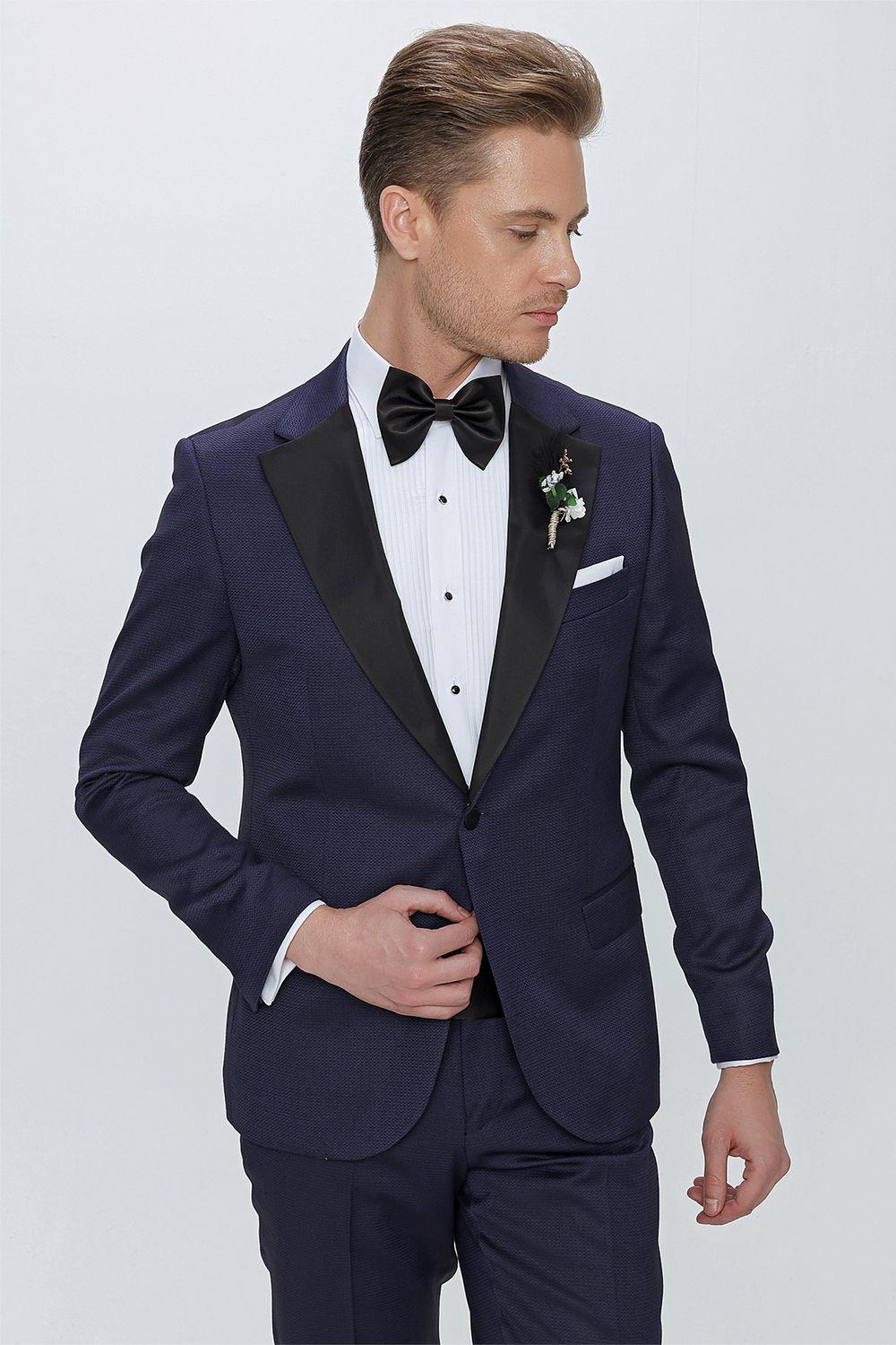 Black 062 Slim Fit Çıkma Saten Yaka Lacivert Damatlık Smokin Takım