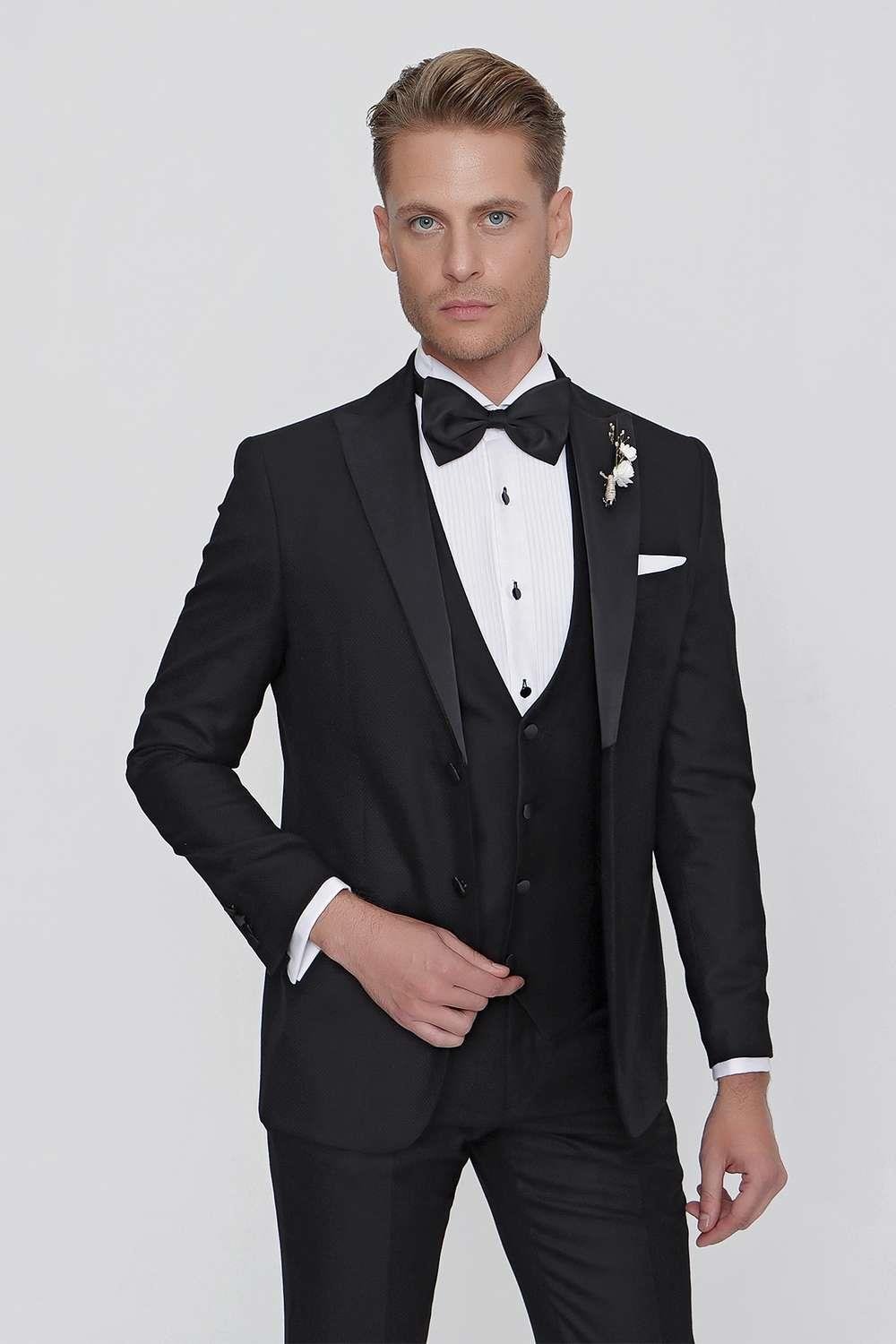 Black 063 Slim Fit Yelekli Çıkma Saten Yaka Siyah Damatlık Smokin Takım