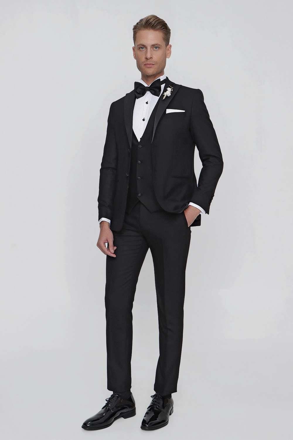 Black 063 Slim Fit Yelekli Çıkma Saten Yaka Siyah Damatlık Smokin Takım