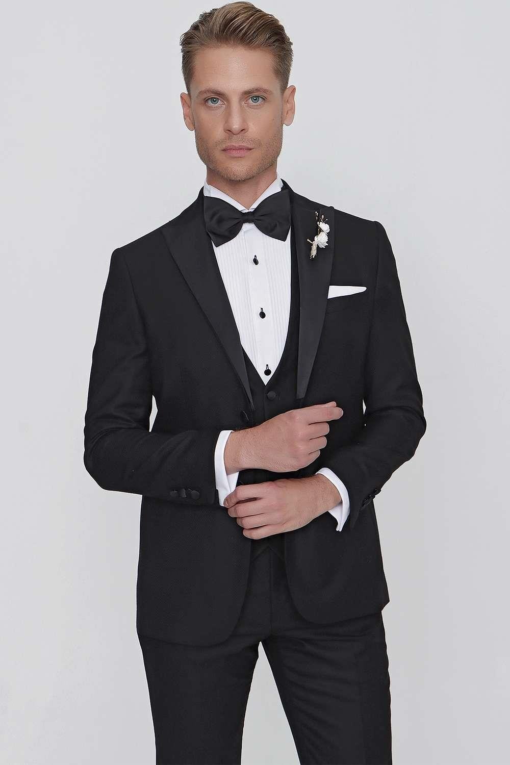 Black 063 Slim Fit Yelekli Çıkma Saten Yaka Siyah Damatlık Smokin Takım