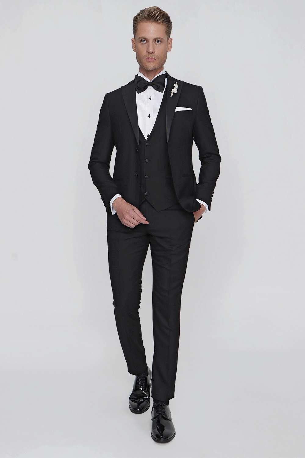 Black 063 Slim Fit Yelekli Çıkma Saten Yaka Siyah Damatlık Smokin Takım