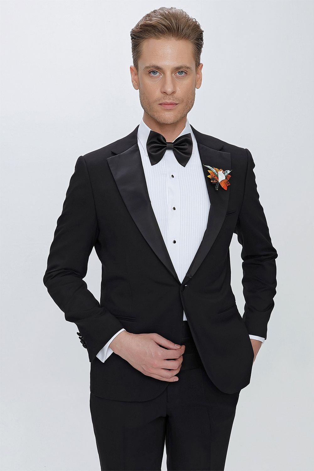 Black 064 Slim Fit Çıkma Saten Yaka Siyah Damatlık Smokin Takım