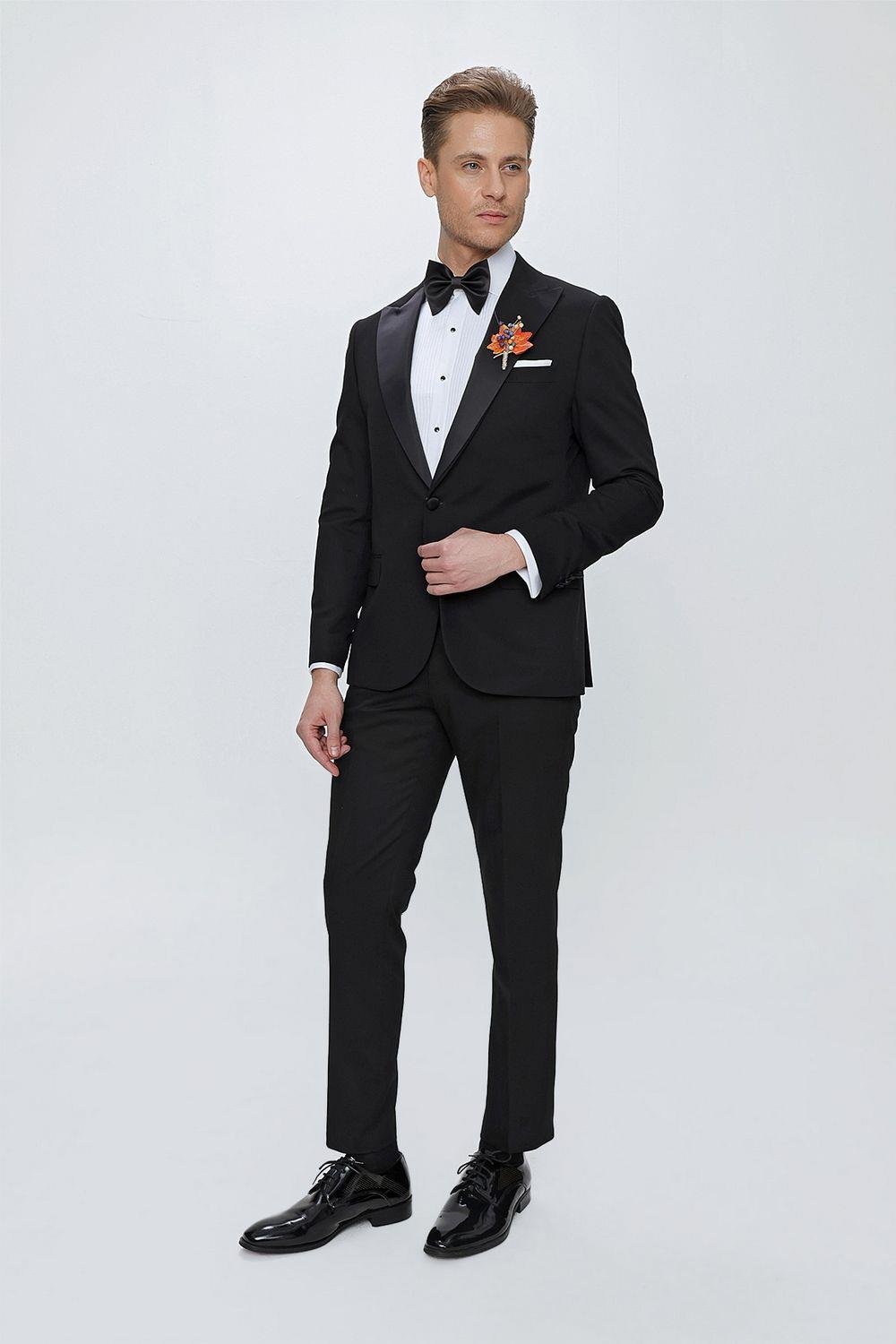 Black 065 Slim Fit Çıkma Saten Yaka Siyah Damatlık Smokin Takım
